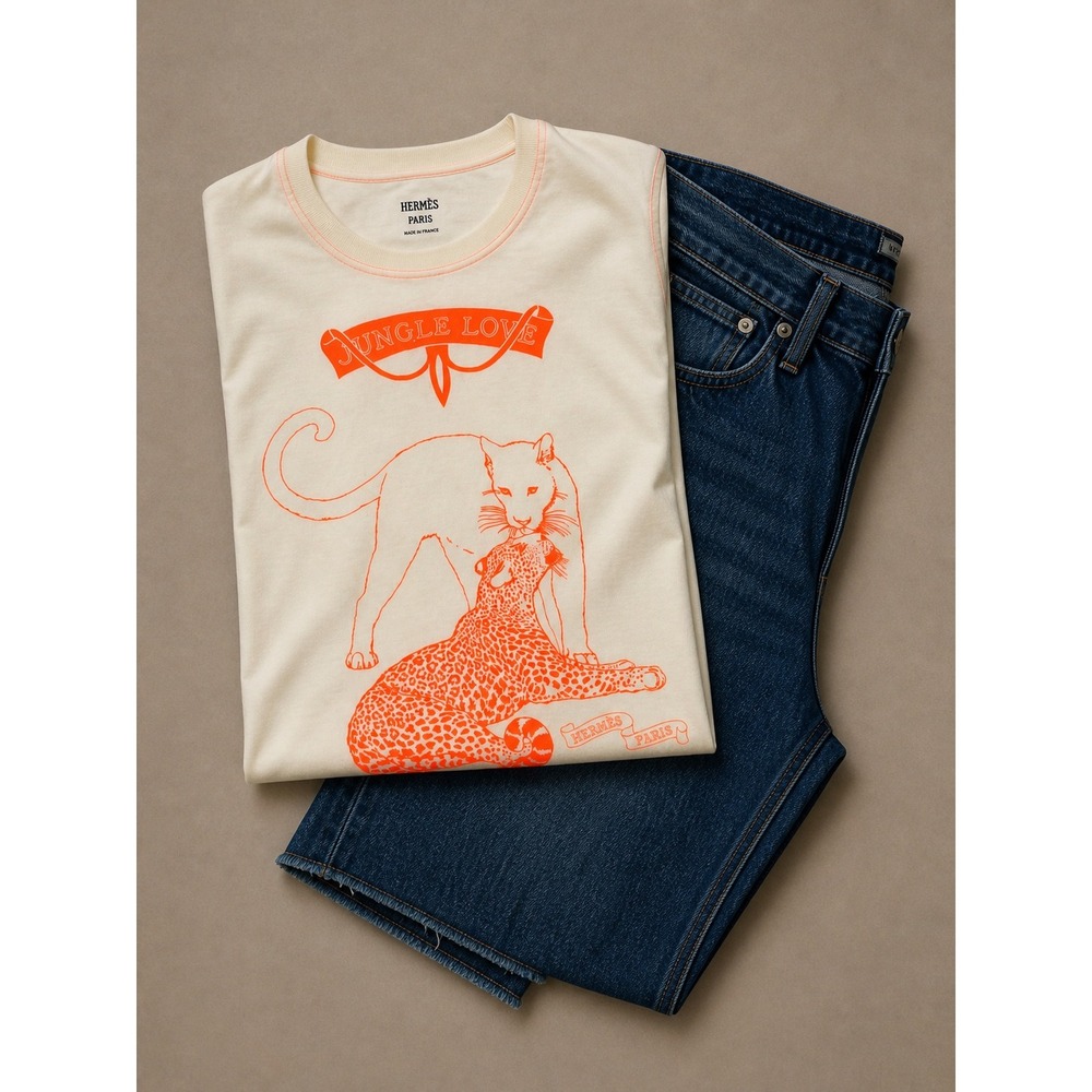 NWT Hermès Jungle Love Tee 36 Robert Dallet Neon Orange Beige Paille Leopard - Picture 2 of 9